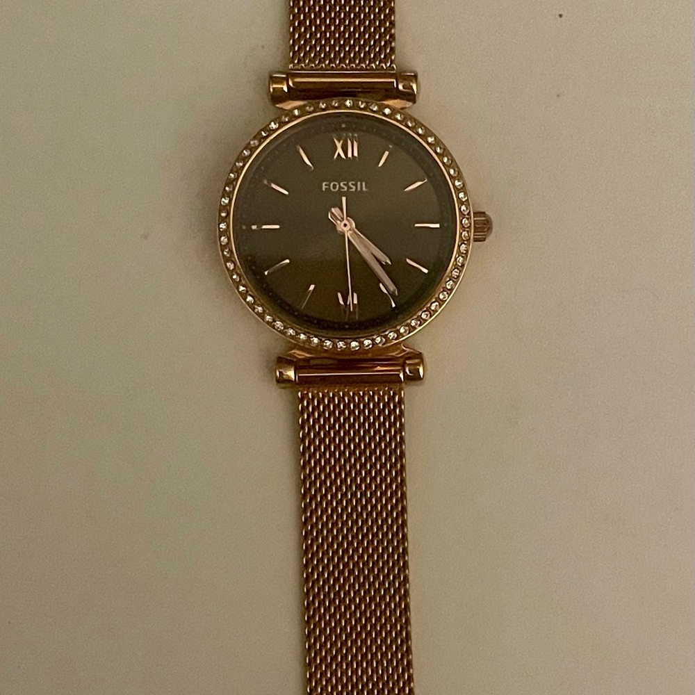 Fossil Gold Mesh Watch with Crystal Bezel
